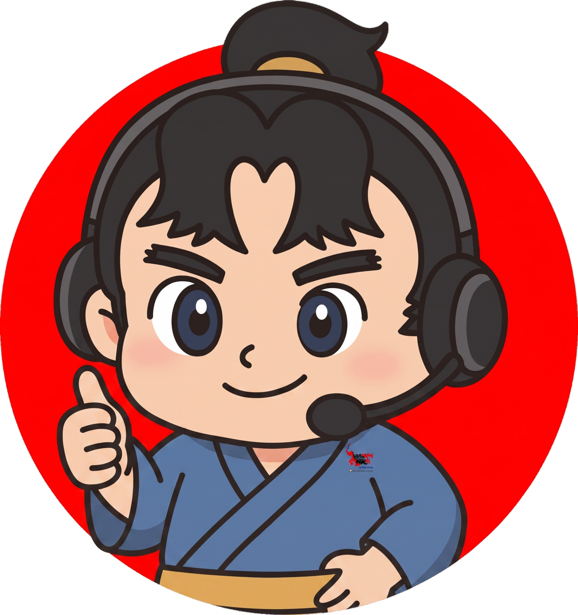 Cartoon character with headphones and mic, smiling and giving a thumbs-up inside a red circle.