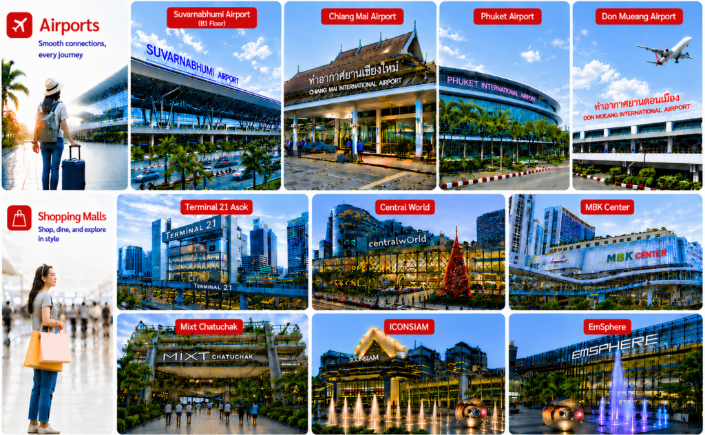Collage of major Thai airports (Suvarnabhumi, Chiang Mai, Phuket, Don Mueang) and malls (Terminal 21, MBK Center, Central World) with a traveler on the left and banners reading 'Airports' and 'Shopping Malls'.