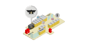 Isometric airport terminal map showing security checkpoint, police area, information icon, and labeled exits (EXIT 1–2).