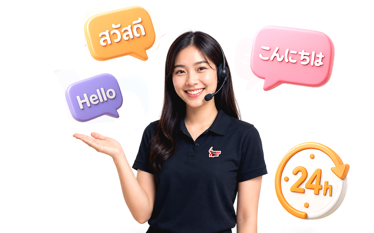 พนักงานซัพพอร์ต SAMURAI WiFi สวมหูฟังคอลเซ็นเตอร์ พร้อมบับเบิลข้อความ สวัสดี Hello こんにちは และไอคอน 24 ชั่วโมง